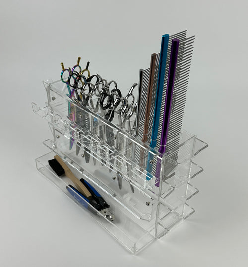 Multitool organizer holder for pet groomers, scissors, comb, blade, blade guard, brush, clipper, zzizzorz, wall , table 