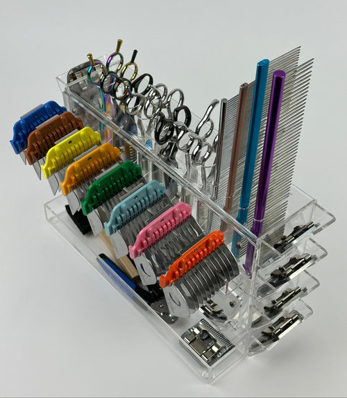 Multitool organizer holder for pet groomers, scissors, comb, blade, blade guard, brush, clipper, zzizzorz, wall , table 