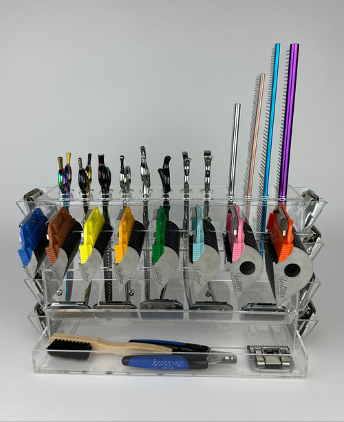 Multitool organizer holder for pet groomers, scissors, comb, blade, blade guard, brush, clipper, zzizzorz, wall , table 