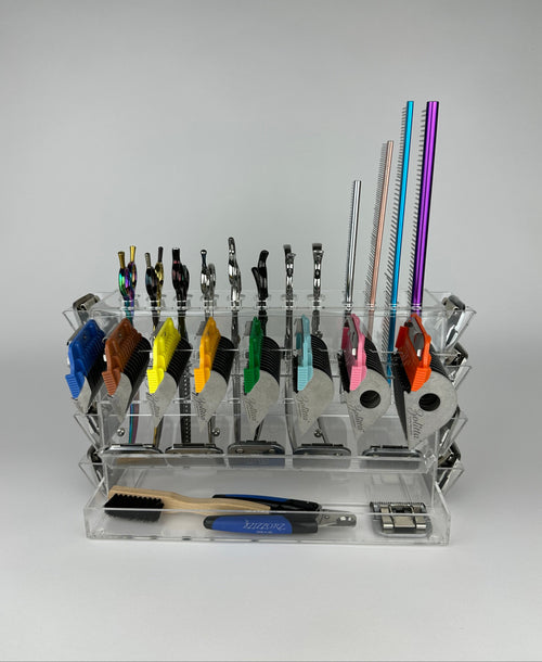 Multitool organizer holder for pet groomers, scissors, comb, blade, blade guard, brush, clipper, zzizzorz, wall , table 
