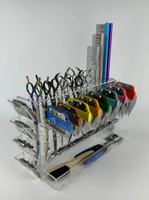Multitool organizer holder for pet groomers, scissors, comb, blade, blade guard, brush, clipper, zzizzorz, wall , table 