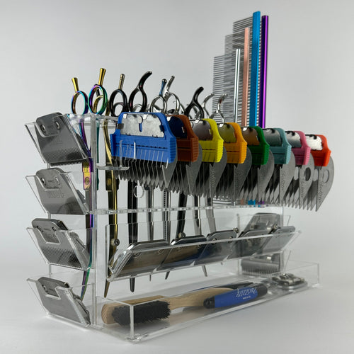 Multitool organizer holder for pet groomers, scissors, comb, blade, blade guard, brush, clipper, zzizzorz, wall , table 