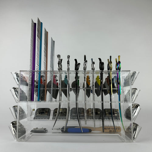 Multitool organizer holder for pet groomers, scissors, comb, blade, blade guard, brush, clipper, zzizzorz, wall , table 